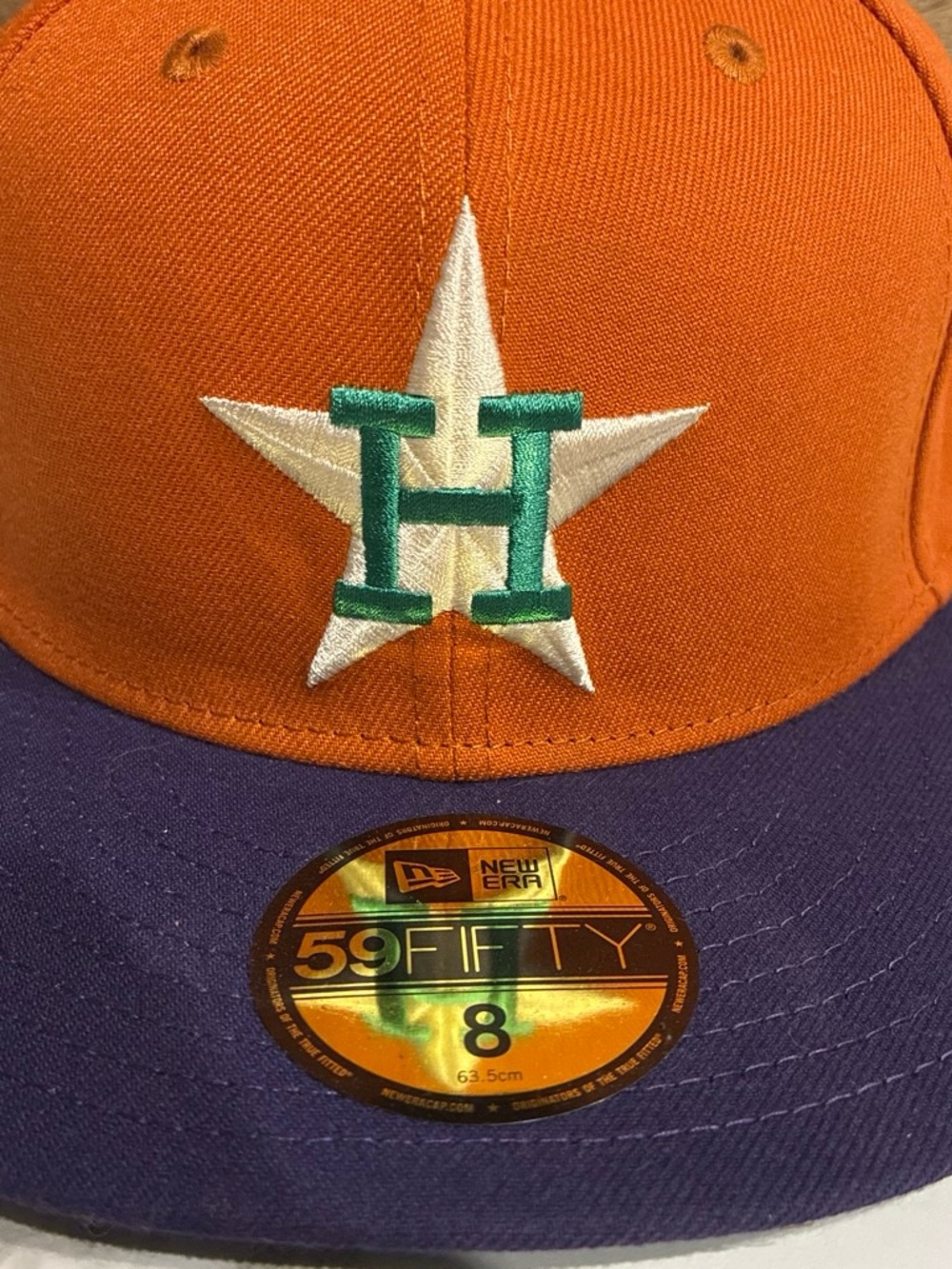 New Era Orange and Purple Baseball Fitted Cap with White Star and Green H